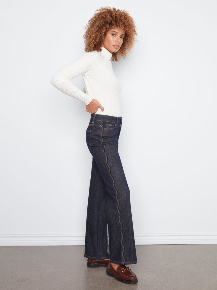 Straight Leg Pants with Scalloped Outseam and Raw Hem