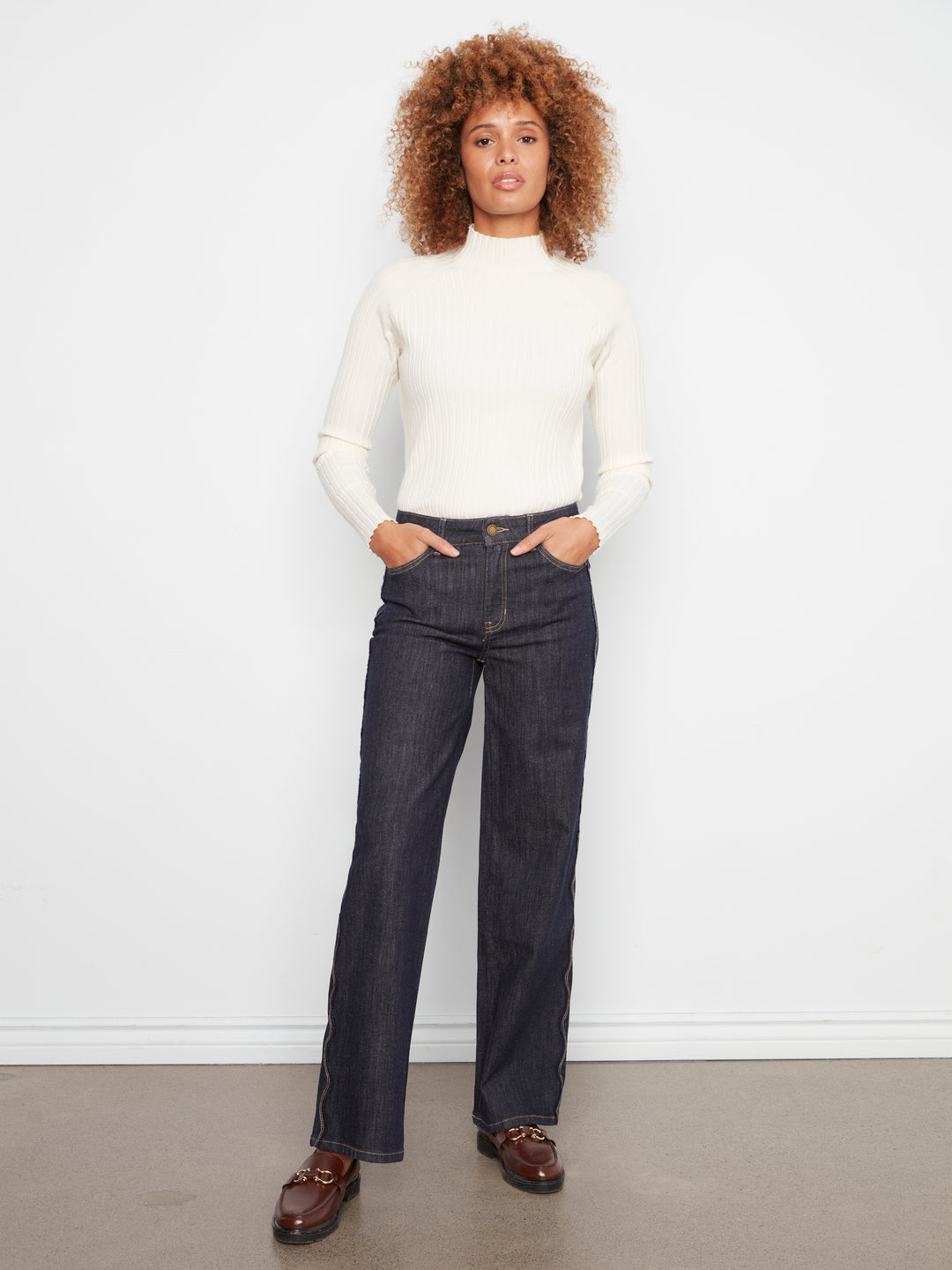 Straight Leg Pants with Scalloped Outseam and Raw Hem