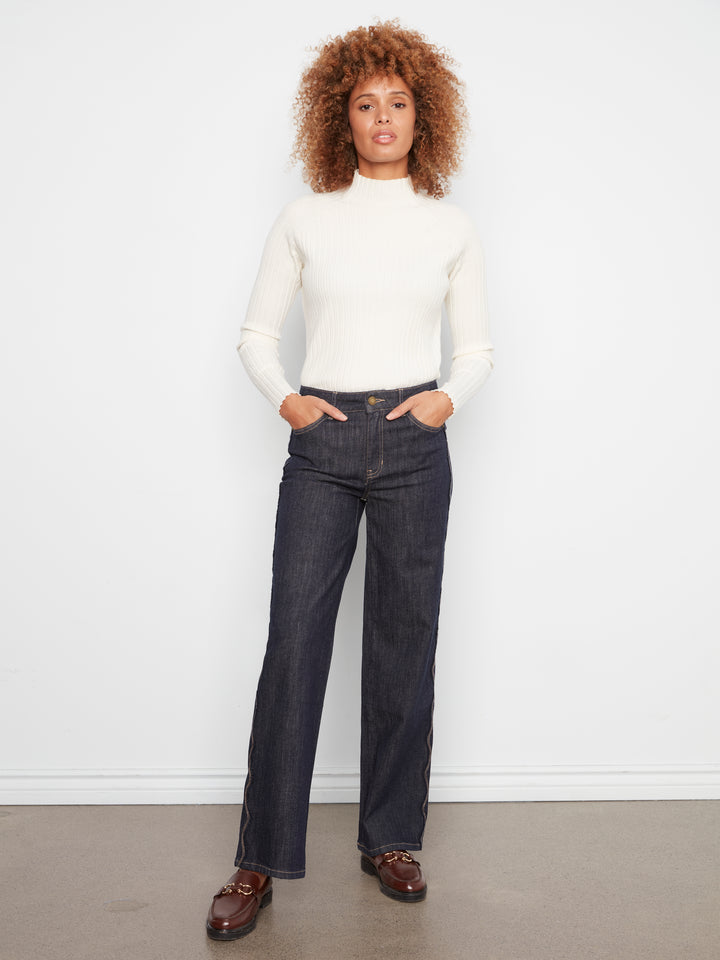 Straight Leg Pants with Scalloped Outseam and Raw Hem