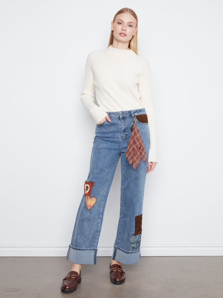 Straight Leg Cuffed Pants With Patches And Studs