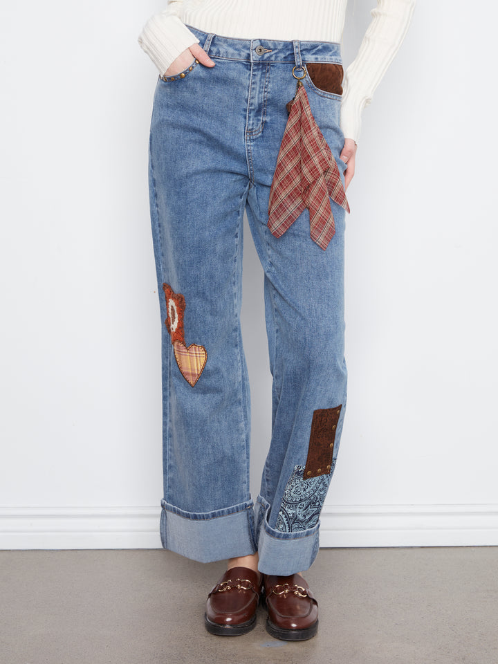 Straight Leg Cuffed Pants With Patches And Studs