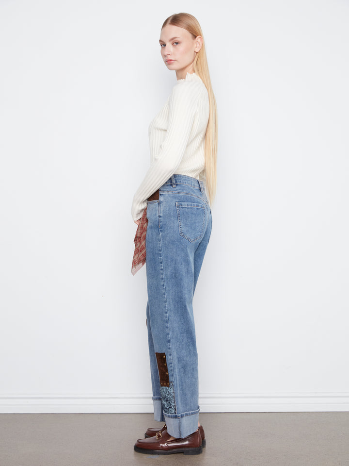 Straight Leg Cuffed Pants With Patches And Studs