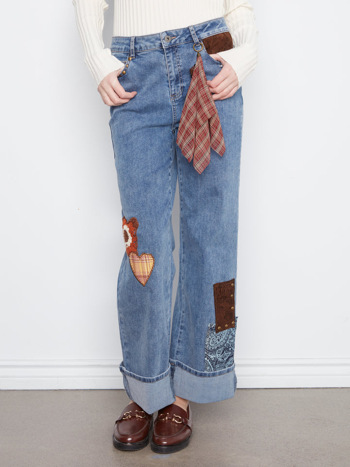 Straight Leg Cuffed Pants With Patches And Studs