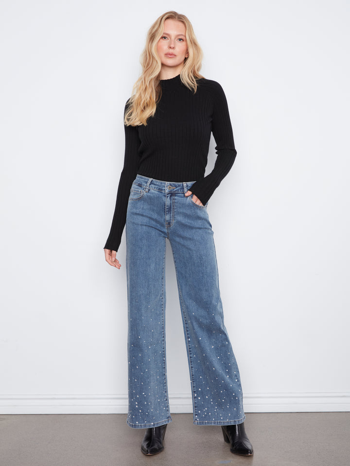 Wide Leg Denim Pants With Hem Rhinestones