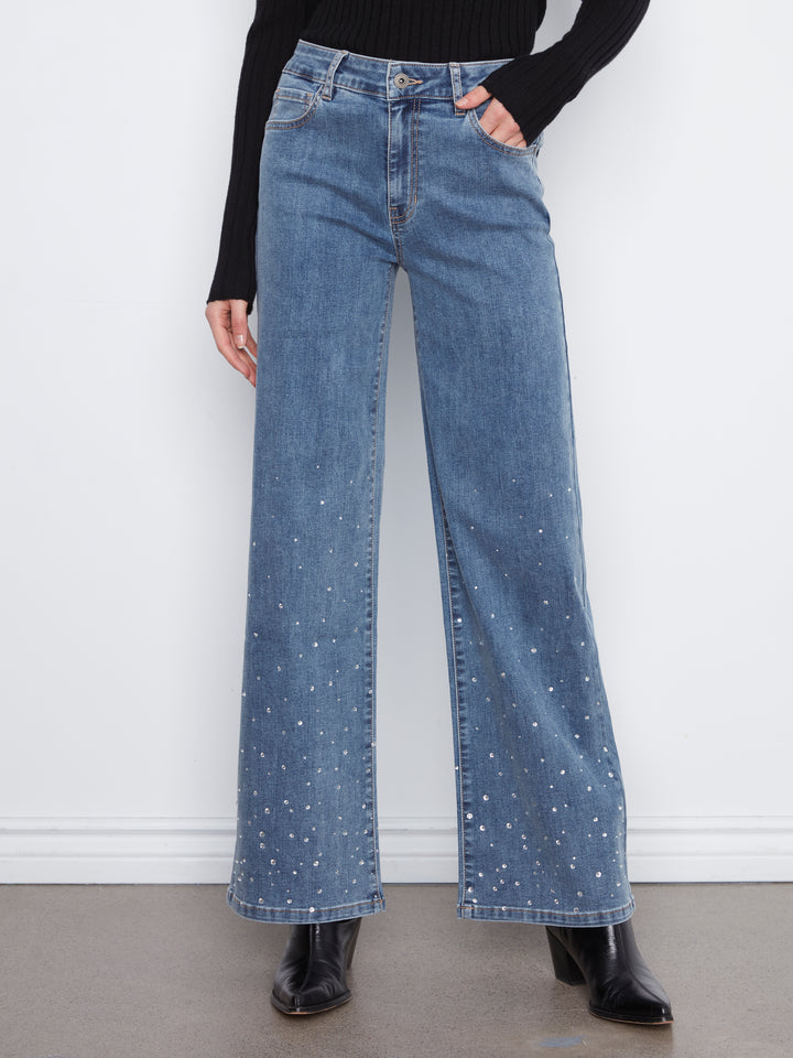 Wide Leg Denim Pants With Hem Rhinestones