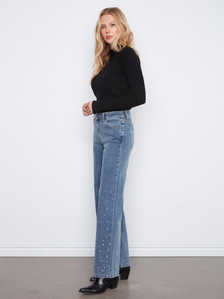 Wide Leg Denim Pants With Hem Rhinestones