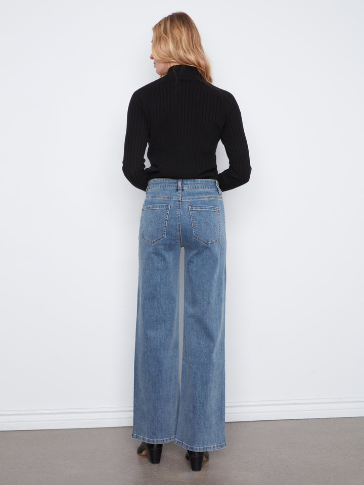Wide Leg Denim Pants With Hem Rhinestones