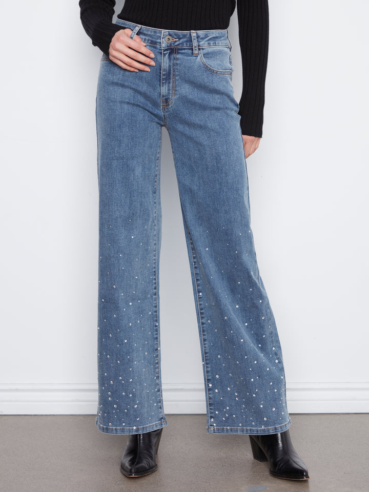 Wide Leg Denim Pants With Hem Rhinestones