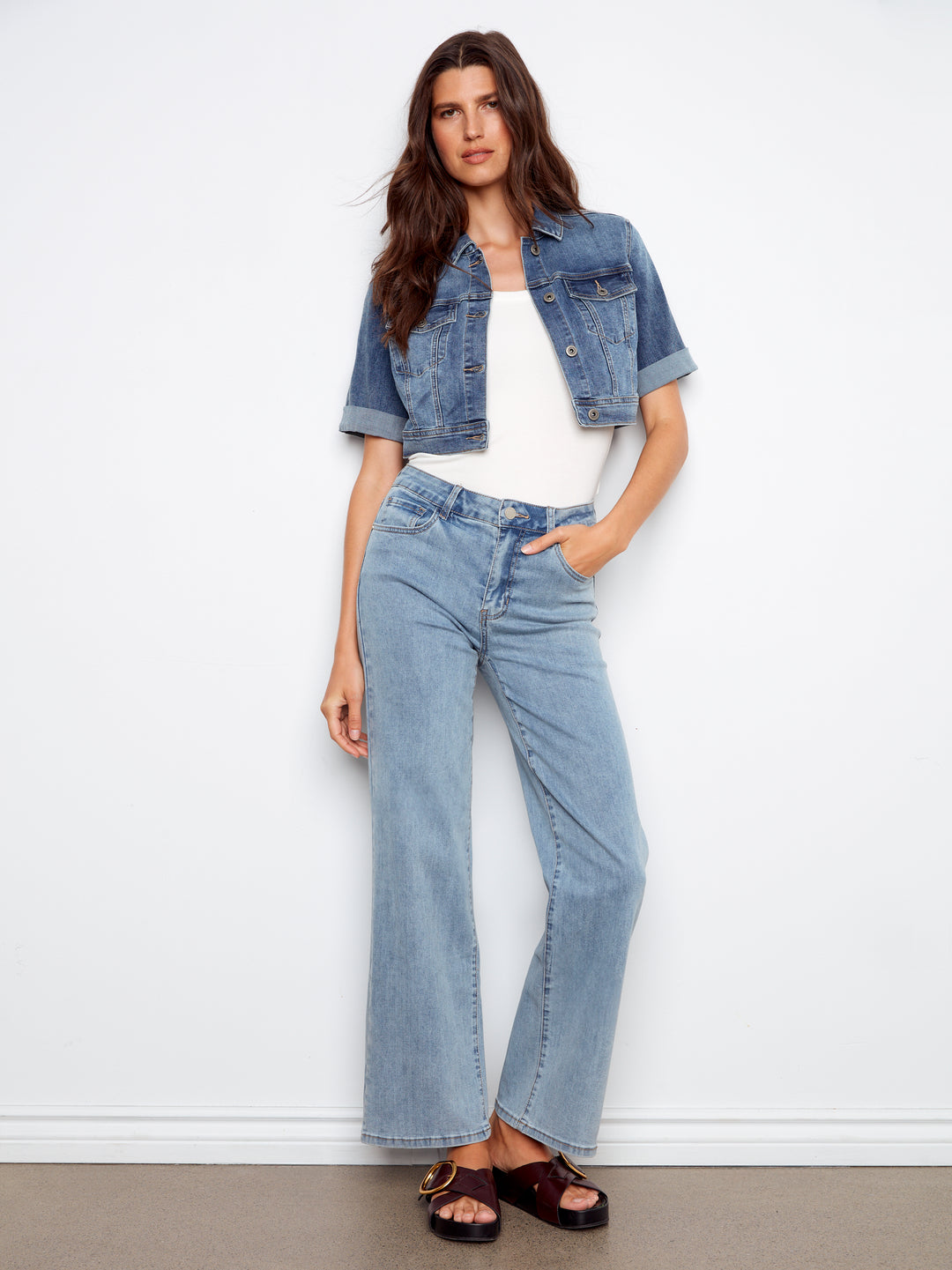 Cropped Short Sleeve Stretch Denim Jacket