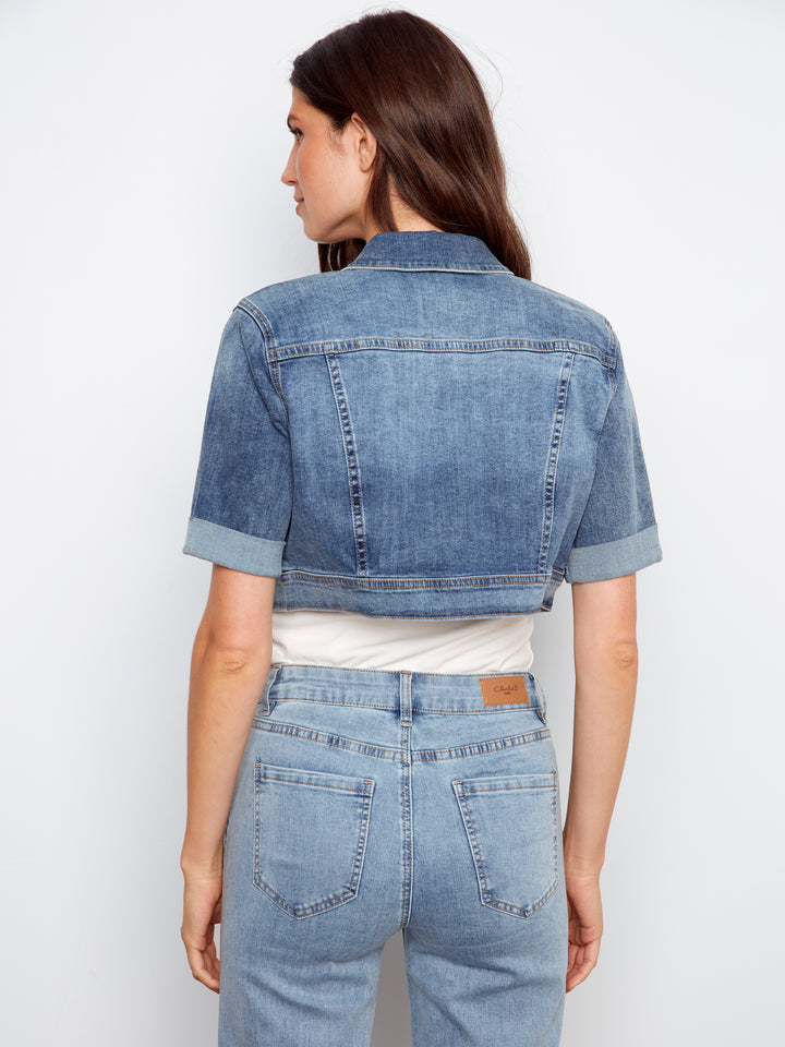 Cropped Short Sleeve Stretch Denim Jacket