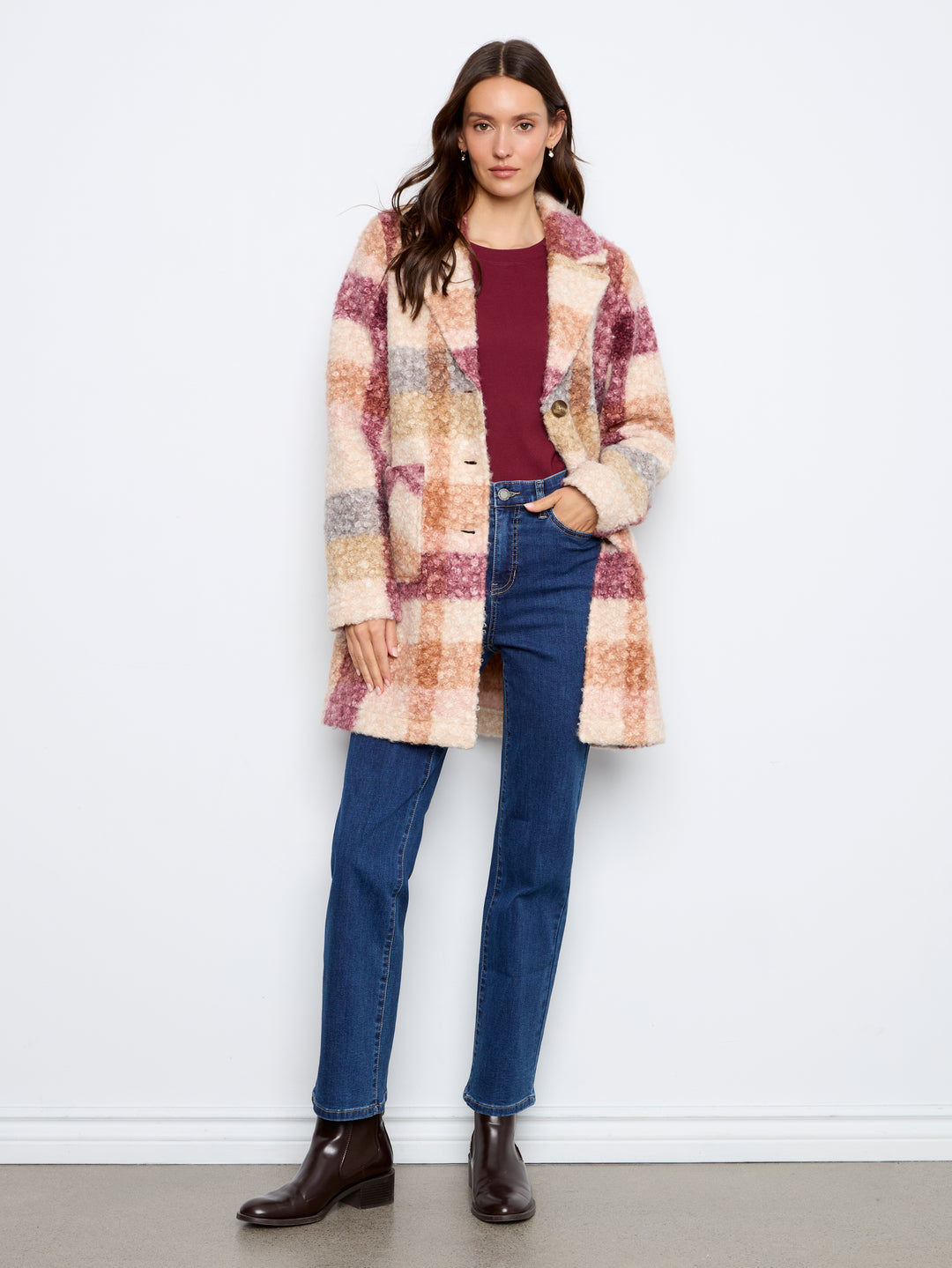 Plaid Boucle Knit Tailored Collar Coat