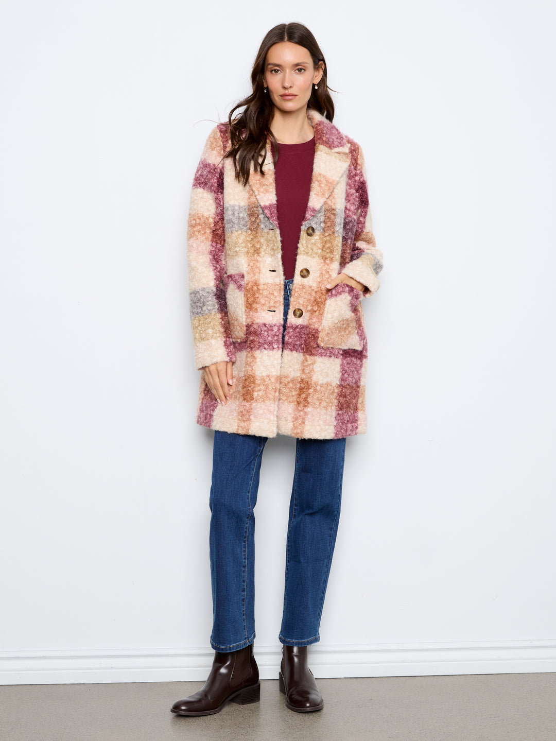 Plaid Boucle Knit Tailored Collar Coat