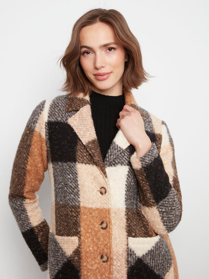 Plaid Boucle Knit Tailored Collar Coat