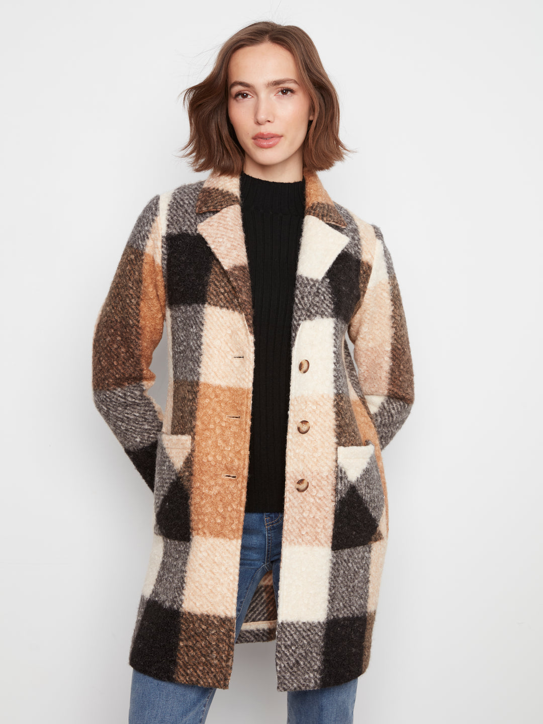 Plaid Boucle Knit Tailored Collar Coat