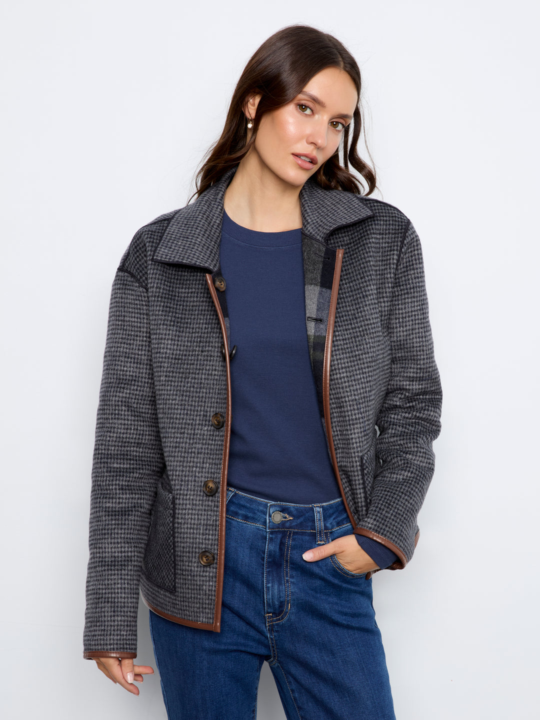 Reversible Plaid Jacket With Leather Binding