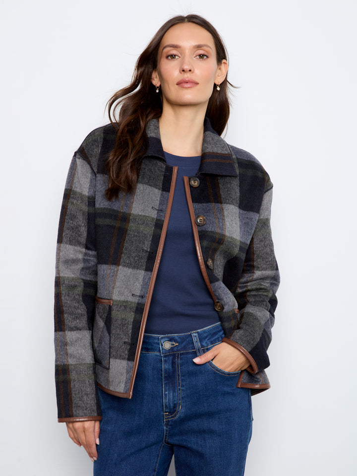 Reversible Plaid Jacket With Leather Binding