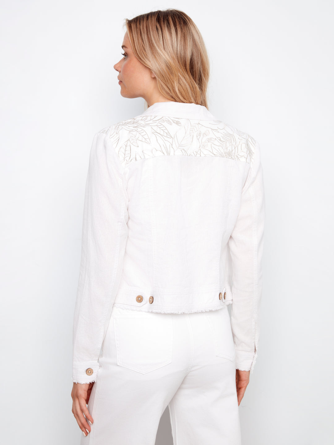 Linen Jacket Wth Embroidered Yoke And Frayed Hem