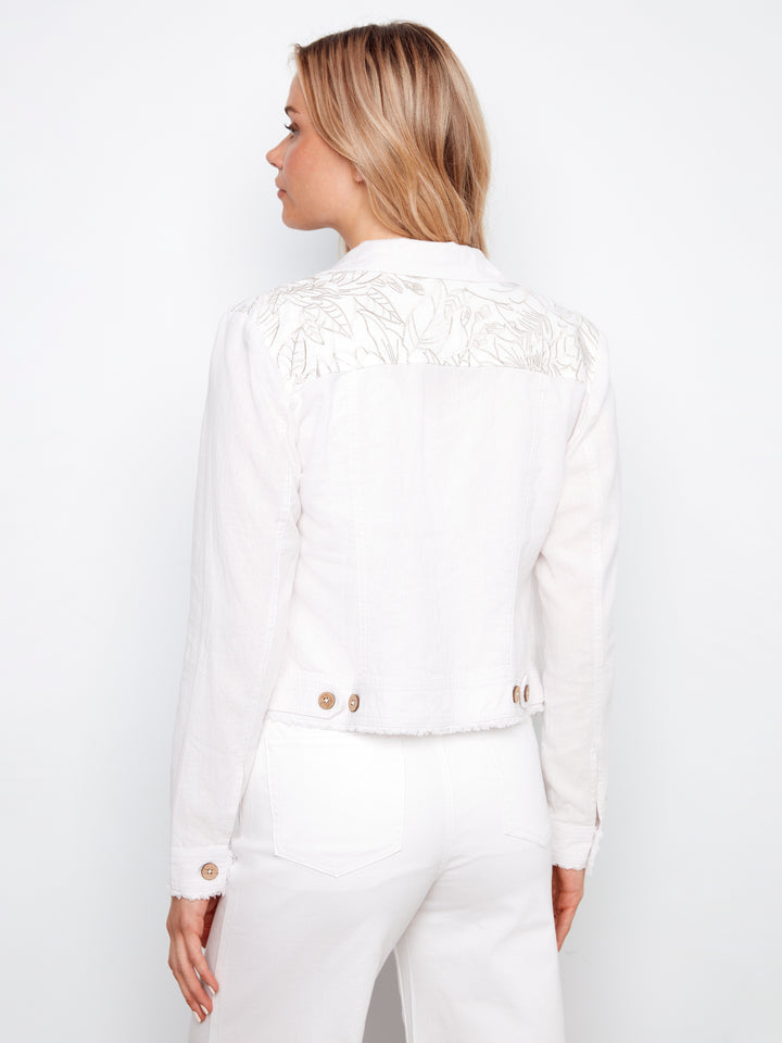 Linen Jacket Wth Embroidered Yoke And Frayed Hem