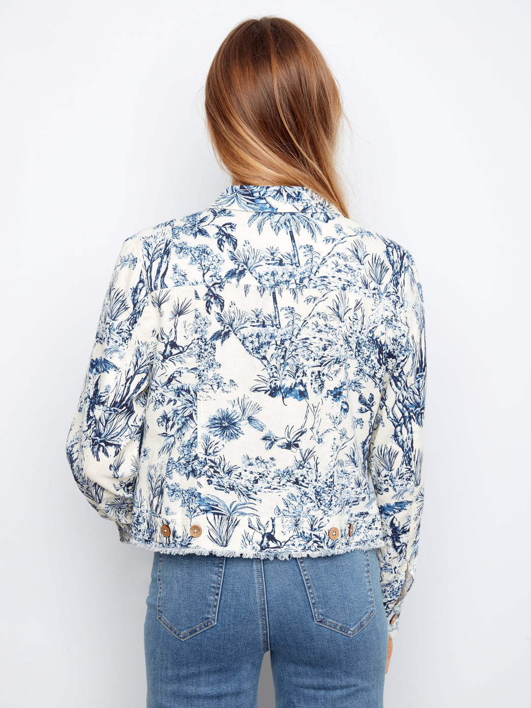 Printed Linen Jacket With Frayed Hem