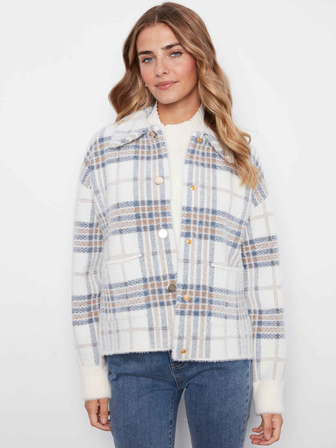 Eyelash Yarn Jacquard Short Jacket With Snap Buttons