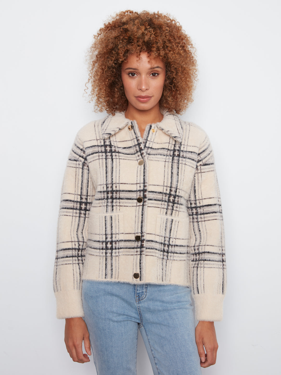 Eyelash Yarn Jacquard Short Jacket With Snap Buttons