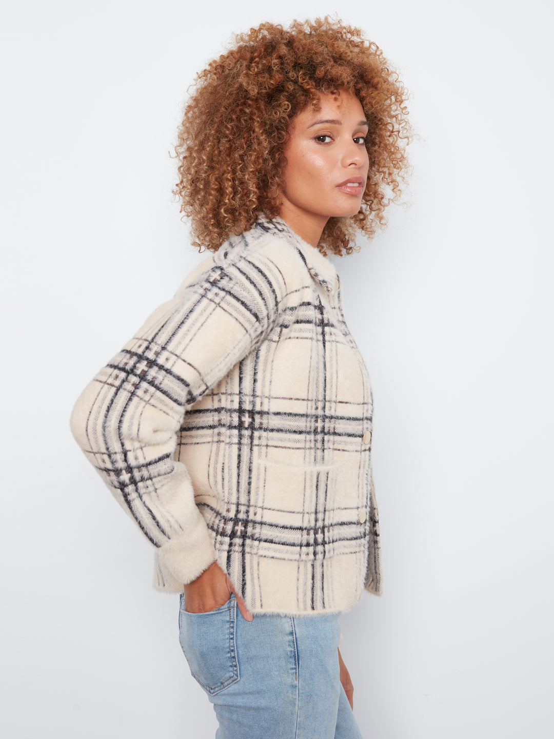 Eyelash Yarn Jacquard Short Jacket With Snap Buttons