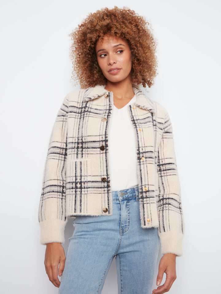 Eyelash Yarn Jacquard Short Jacket With Snap Buttons