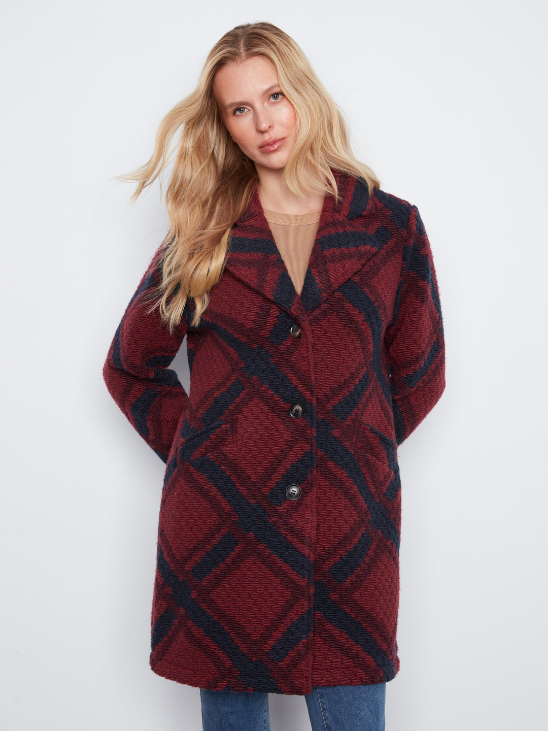 Boucle Button Front Long Jacket with Front Pockets
