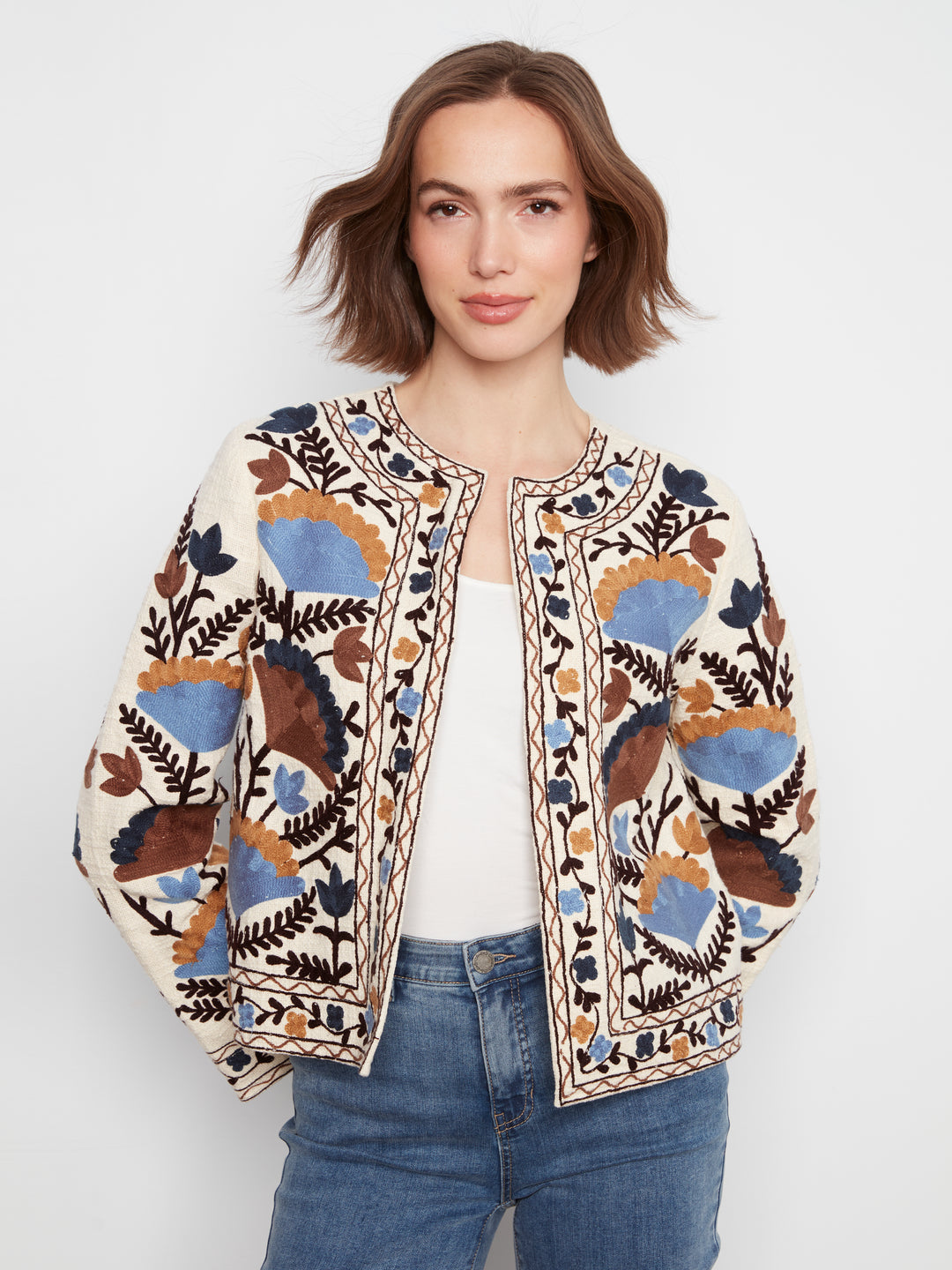 Edge to Edge Embroidered Cotton Basketweave Jacket