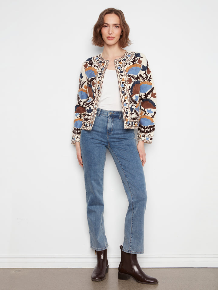 Edge to Edge Embroidered Cotton Basketweave Jacket