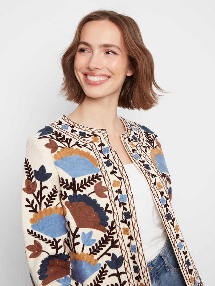 Edge to Edge Embroidered Cotton Basketweave Jacket