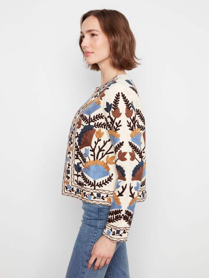 Edge to Edge Embroidered Cotton Basketweave Jacket