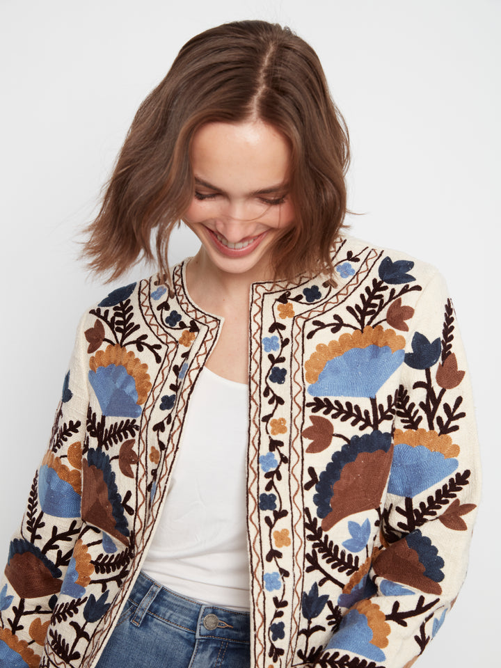 Edge to Edge Embroidered Cotton Basketweave Jacket
