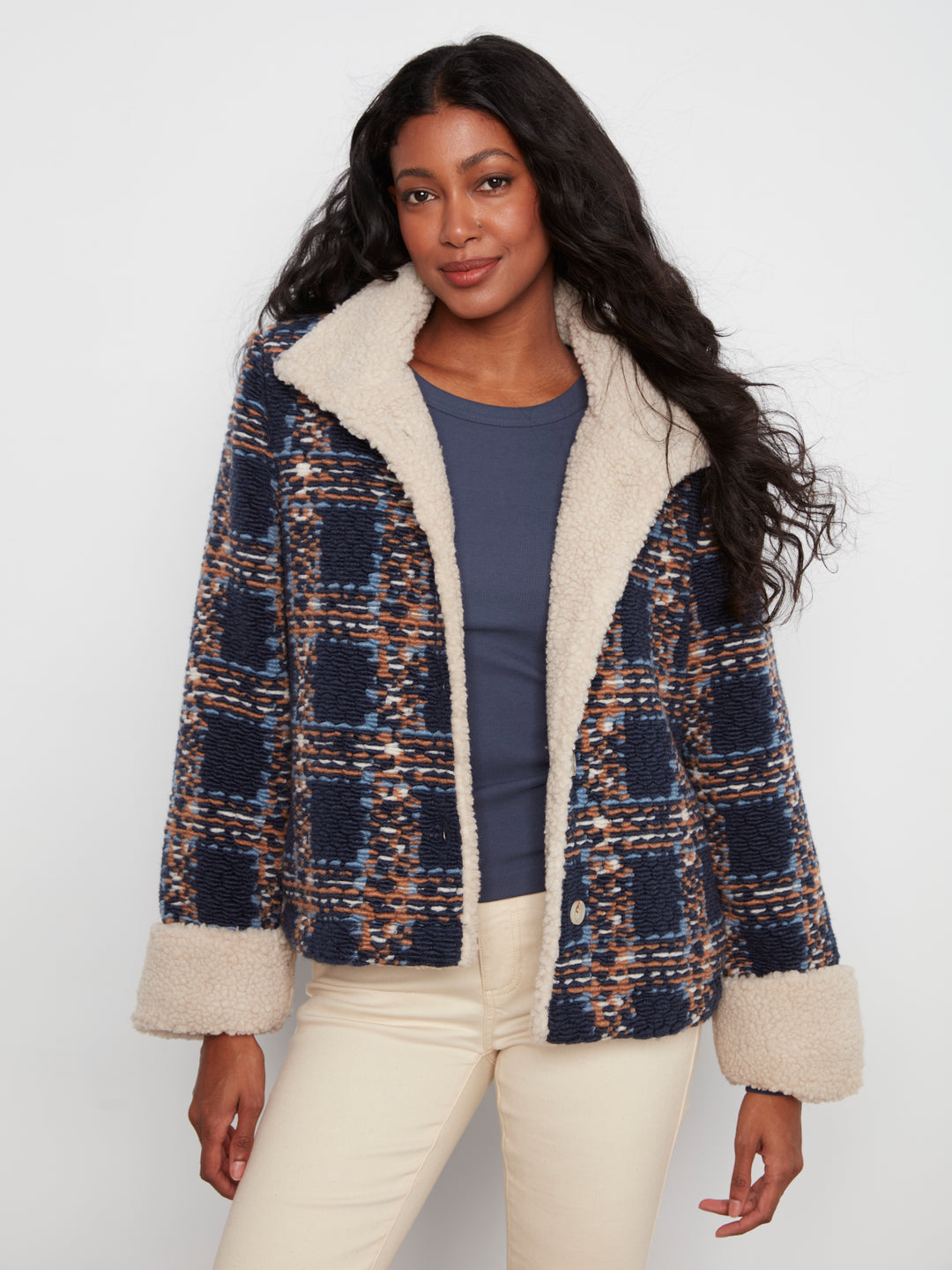 Chevron Boucle Short Jacket With Sherpa Trim