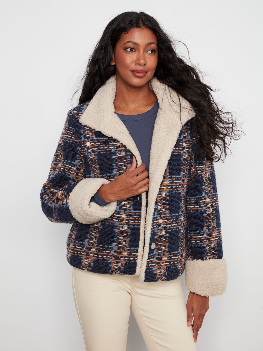 Chevron Boucle Short Jacket With Sherpa Trim