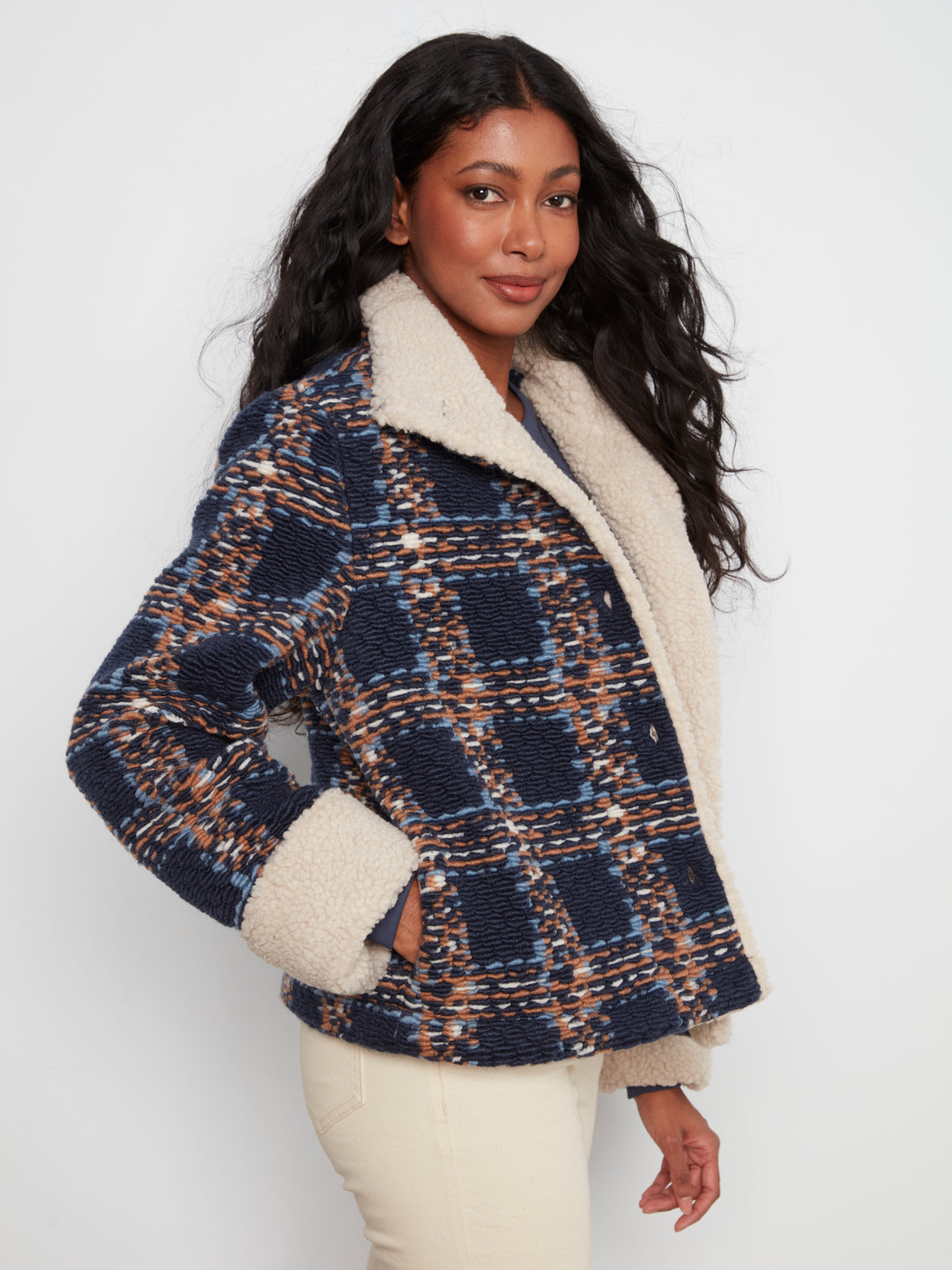 Chevron Boucle Short Jacket With Sherpa Trim
