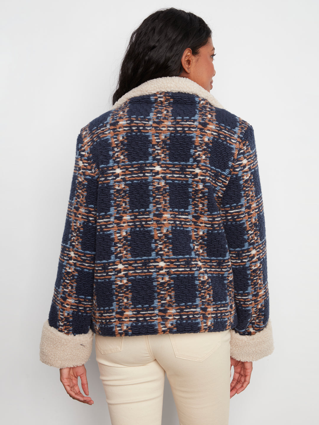 Chevron Boucle Short Jacket With Sherpa Trim