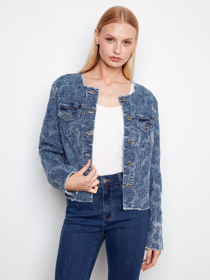 Eyelet Stretch Denim Collarless Jacket