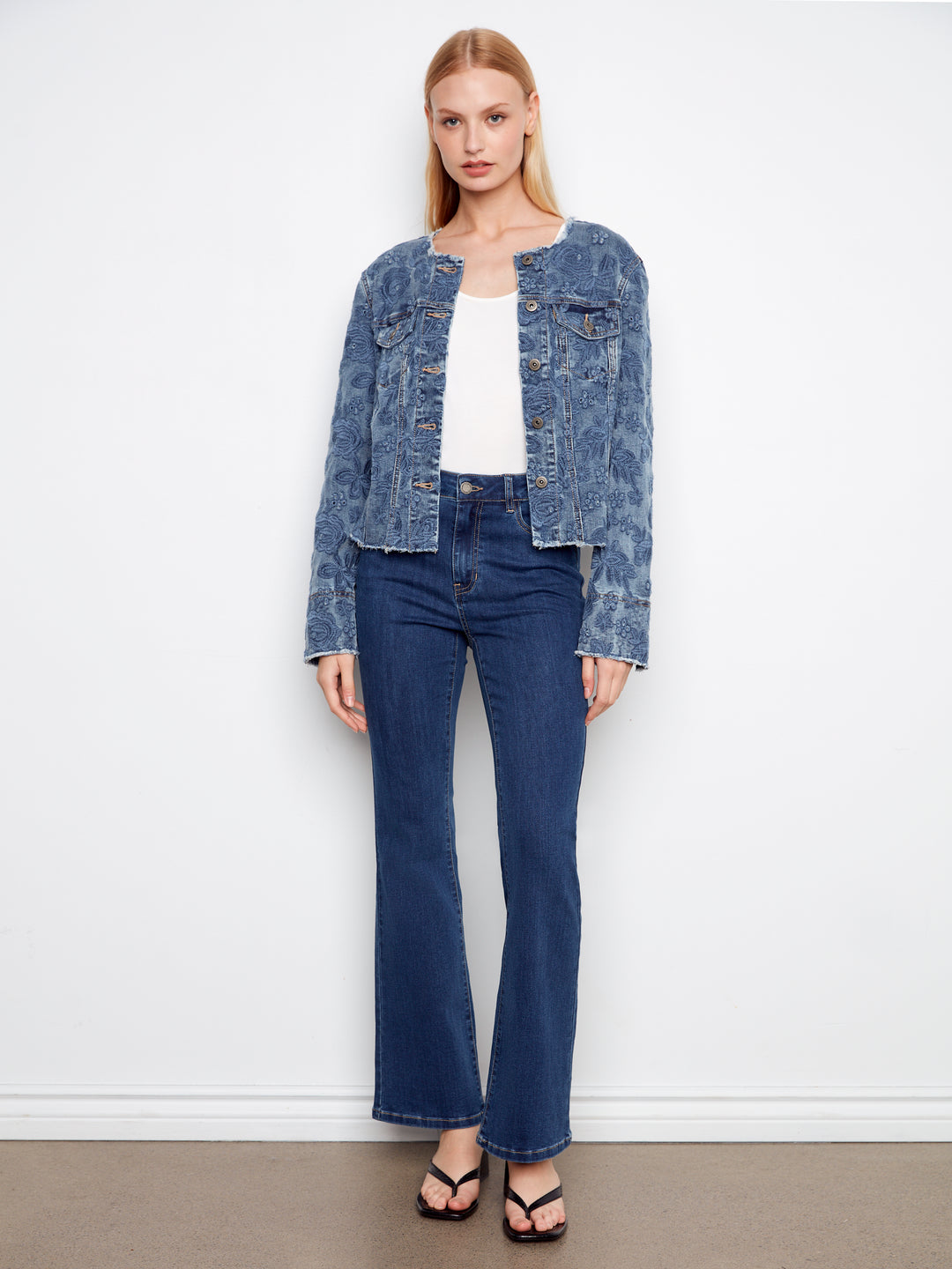 Eyelet Stretch Denim Collarless Jacket