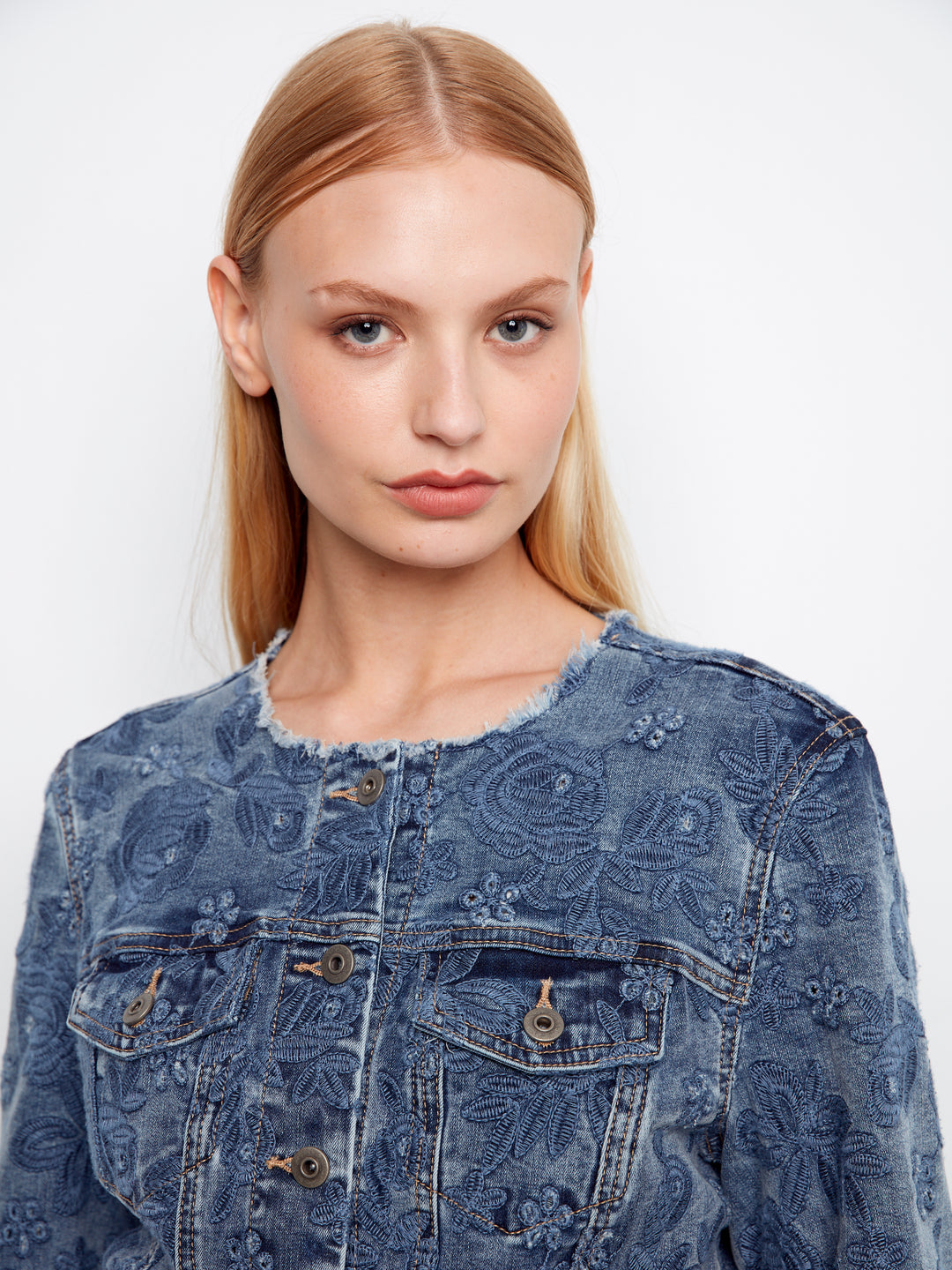 Eyelet Stretch Denim Collarless Jacket