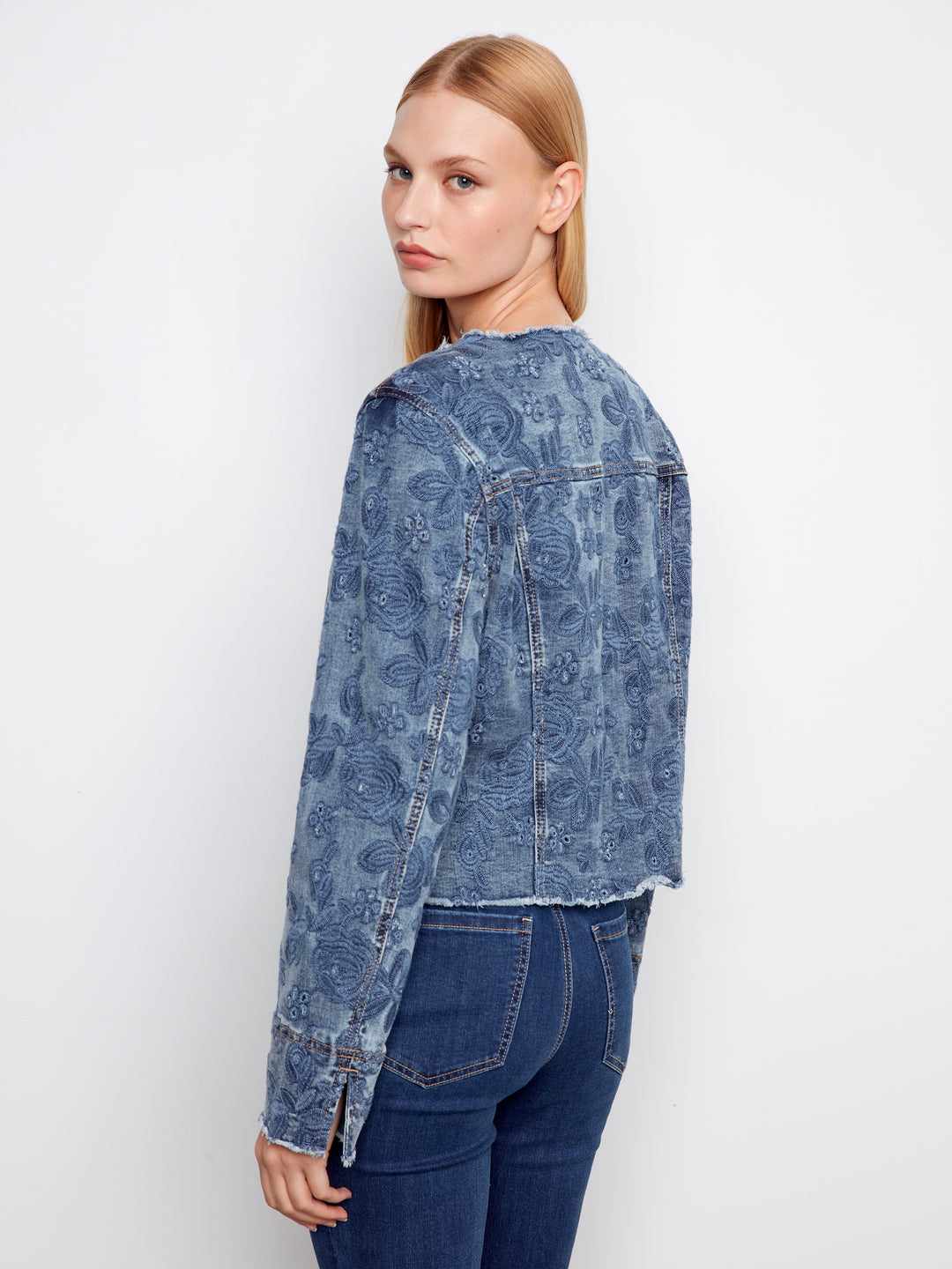 Eyelet Stretch Denim Collarless Jacket