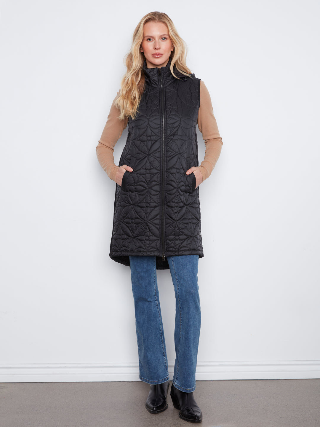 Sleeveless Long Puffer Vest With Removable Hood