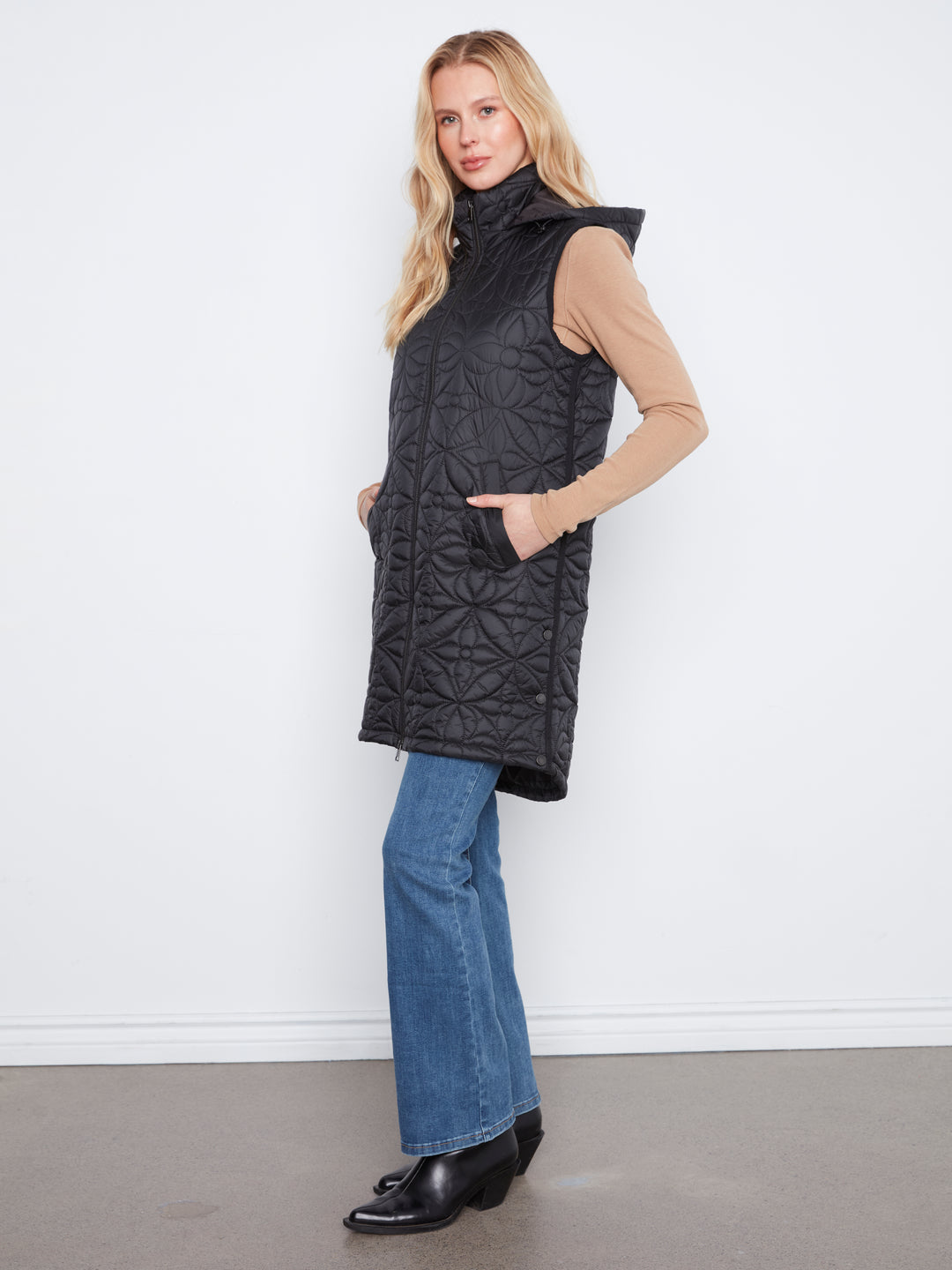 Sleeveless Long Puffer Vest With Removable Hood