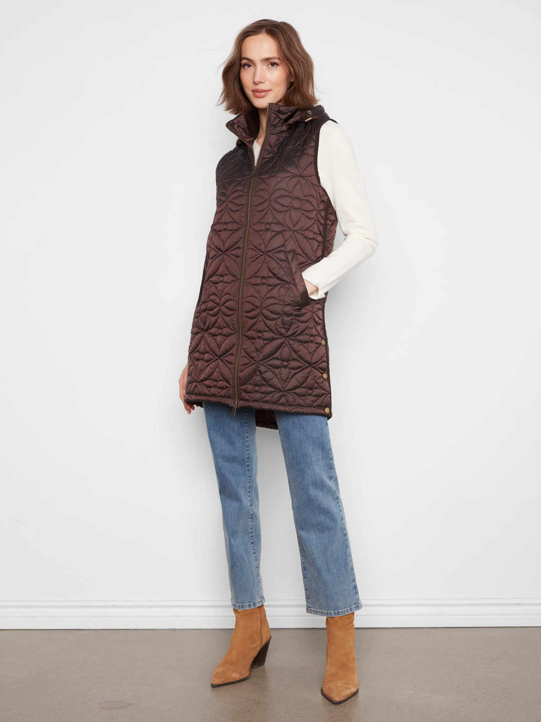 Sleeveless Long Puffer Vest With Removable Hood