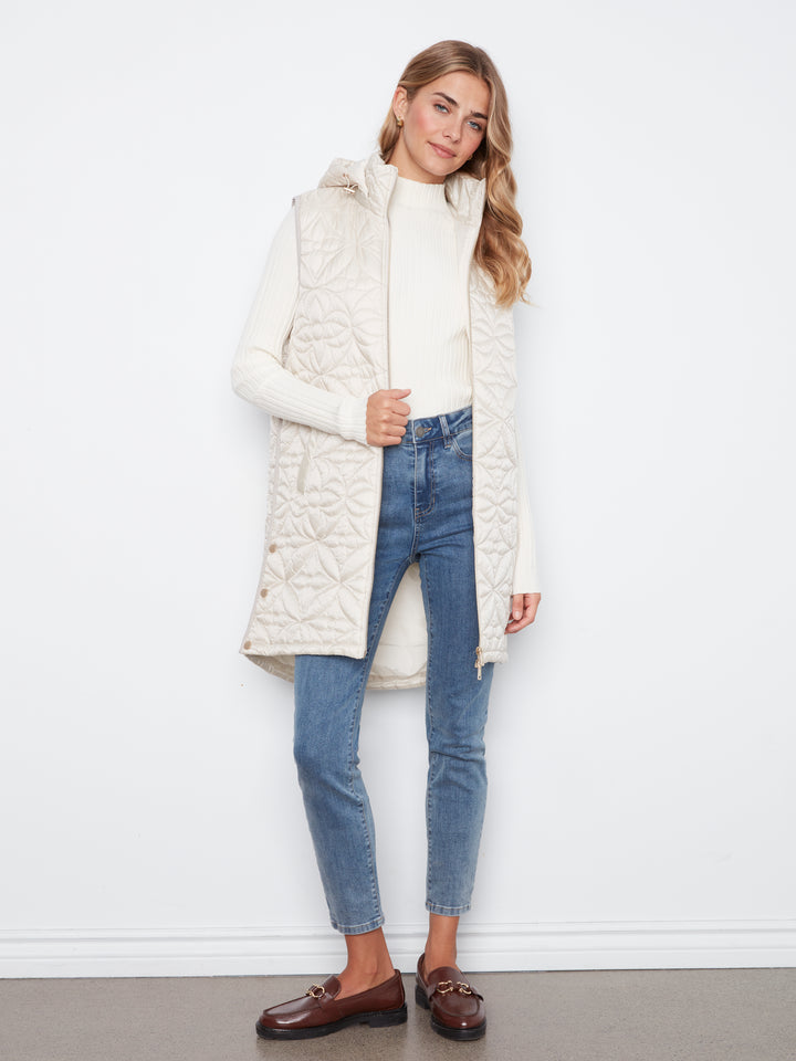Sleeveless Long Puffer Vest With Removable Hood