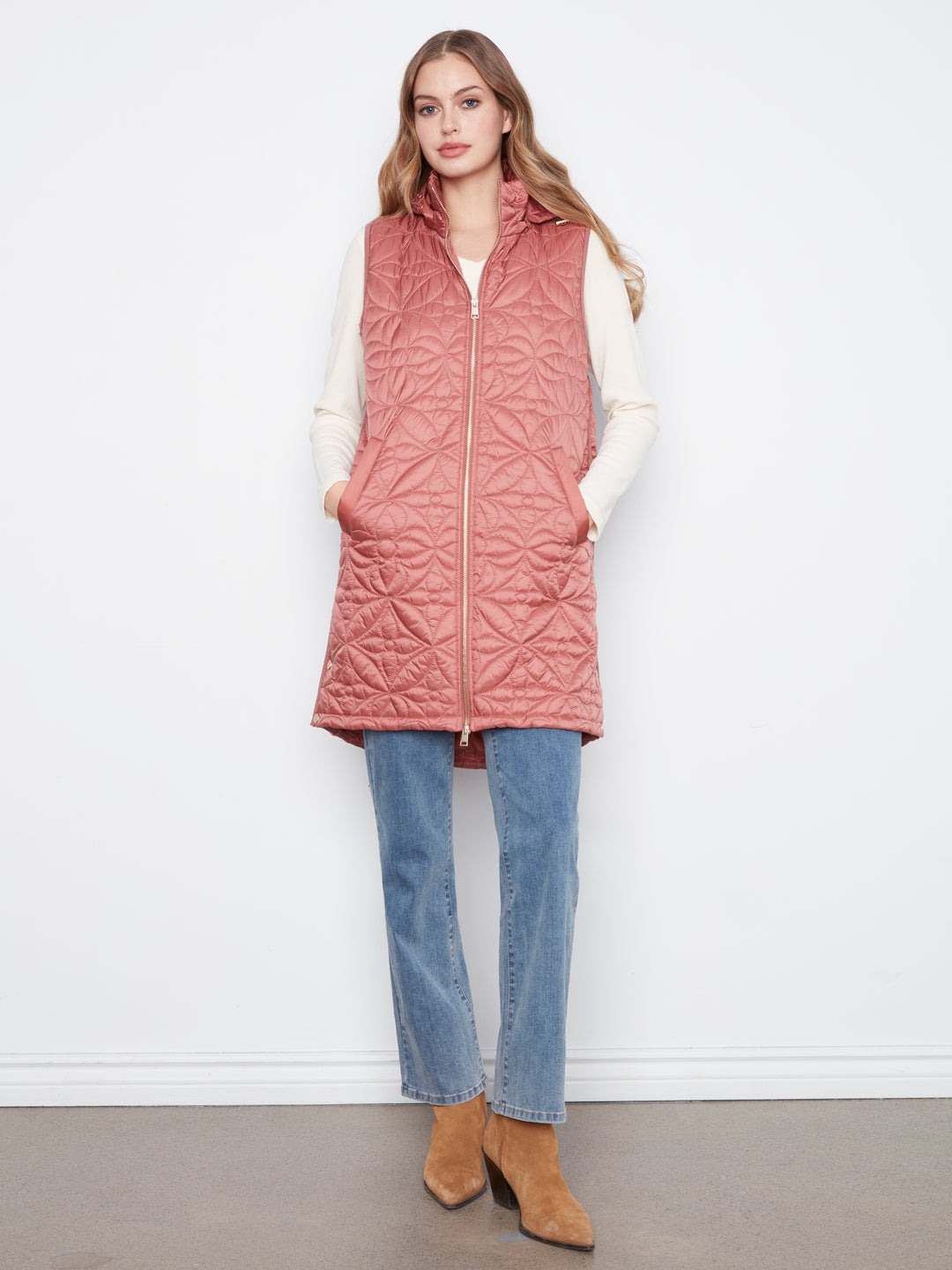 Sleeveless Long Puffer Vest With Removable Hood