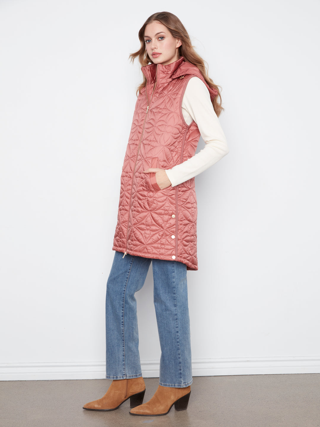 Sleeveless Long Puffer Vest With Removable Hood
