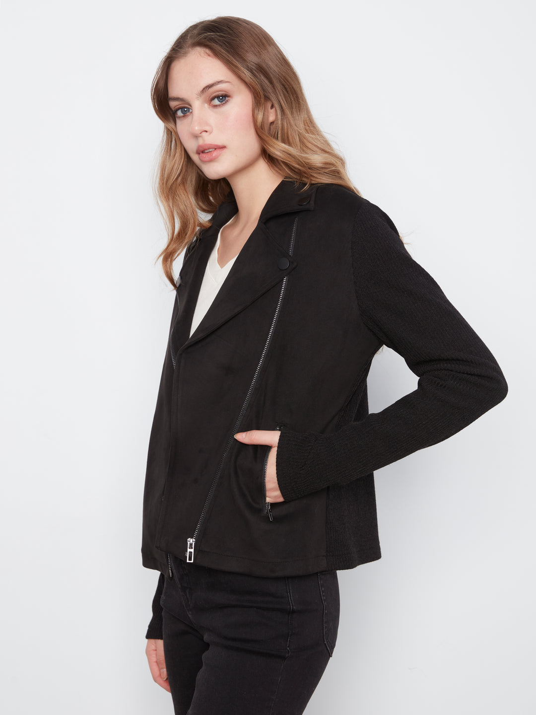 Suede Jacket With Knit Sleeve