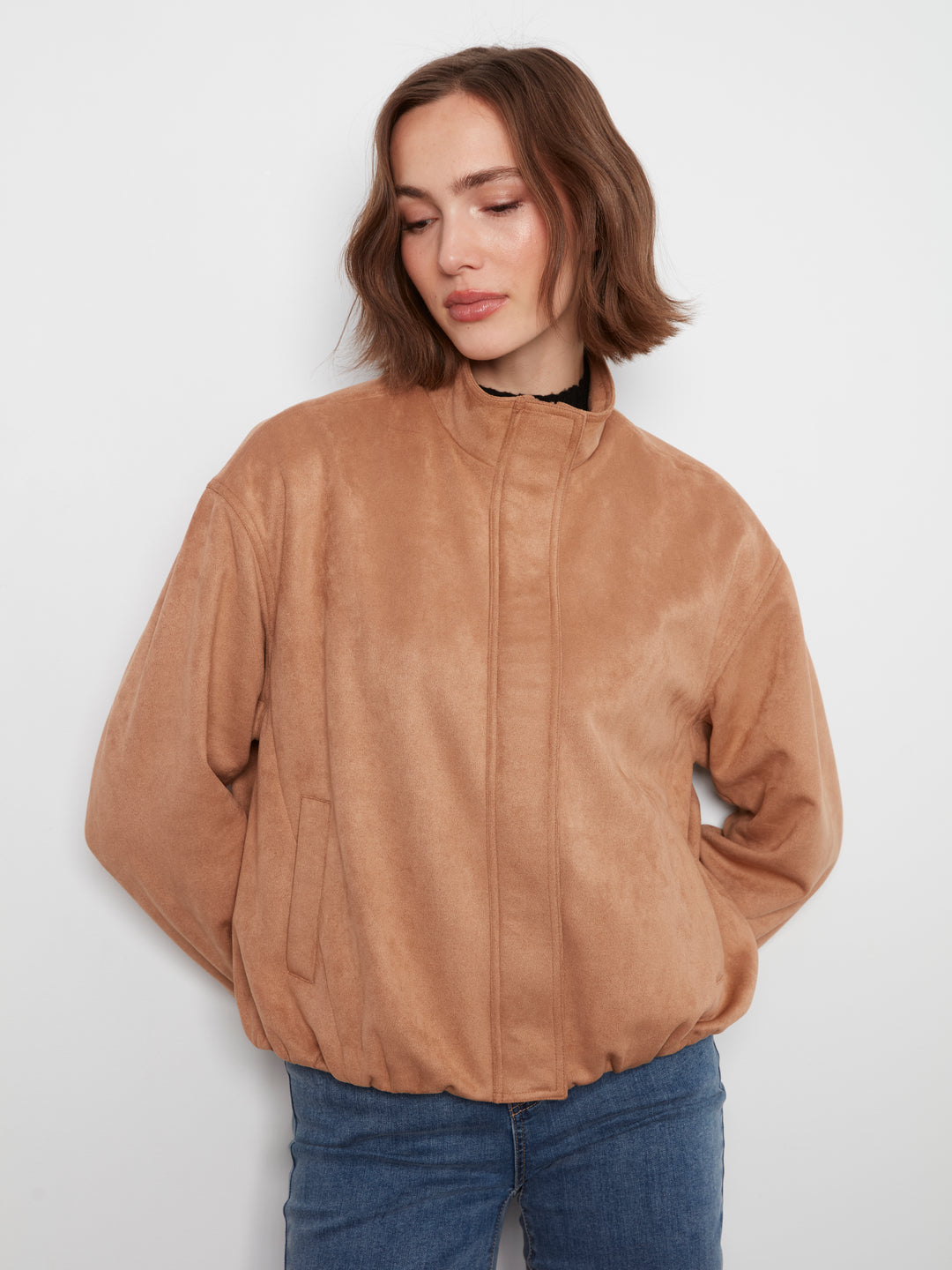 Front Zip Faux Suede Leather Jacket with Front Pockets