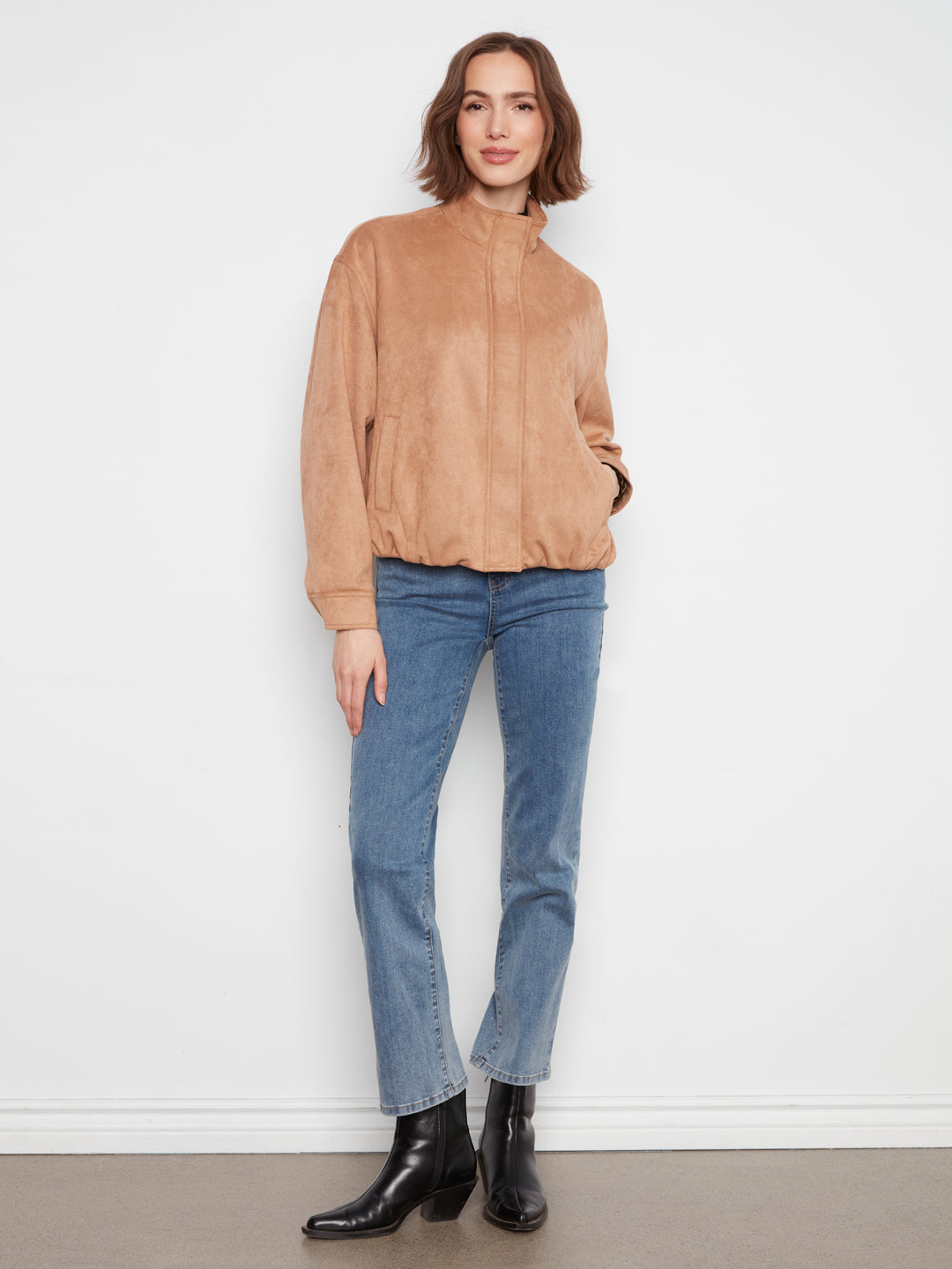 Front Zip Faux Suede Leather Jacket with Front Pockets